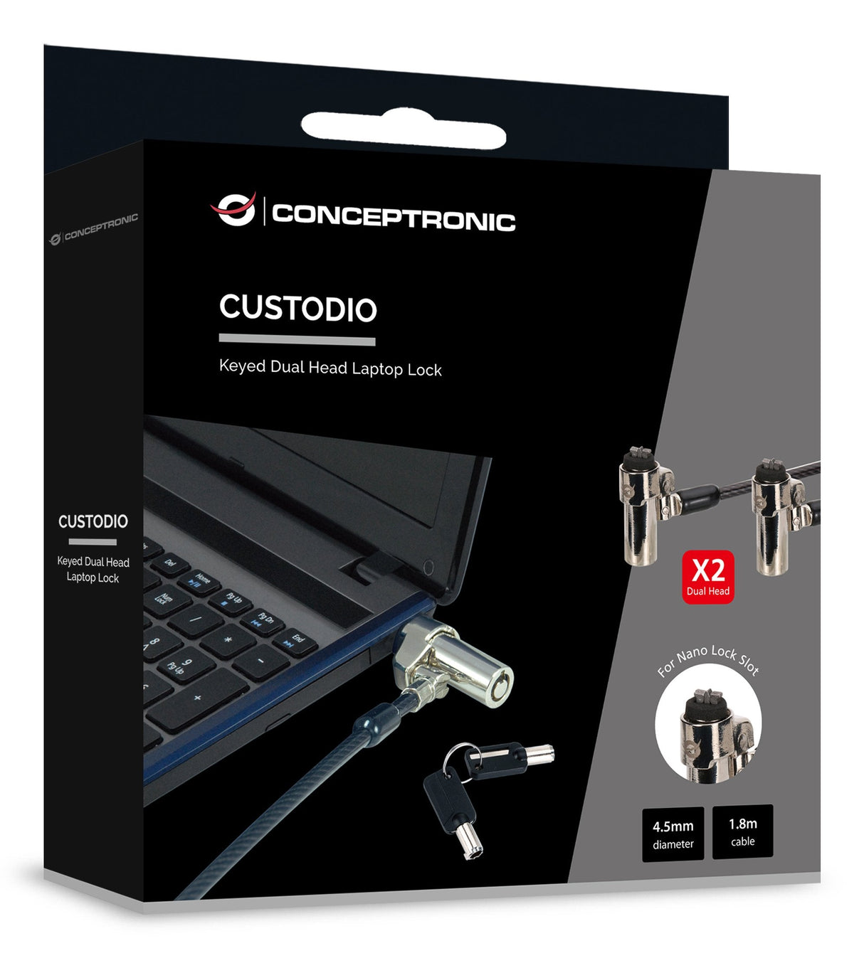 Cable De Seguridad Conceptronic Custodio02bnmt Doble Cabezal Con Llave Compatible Con Llave Maestra