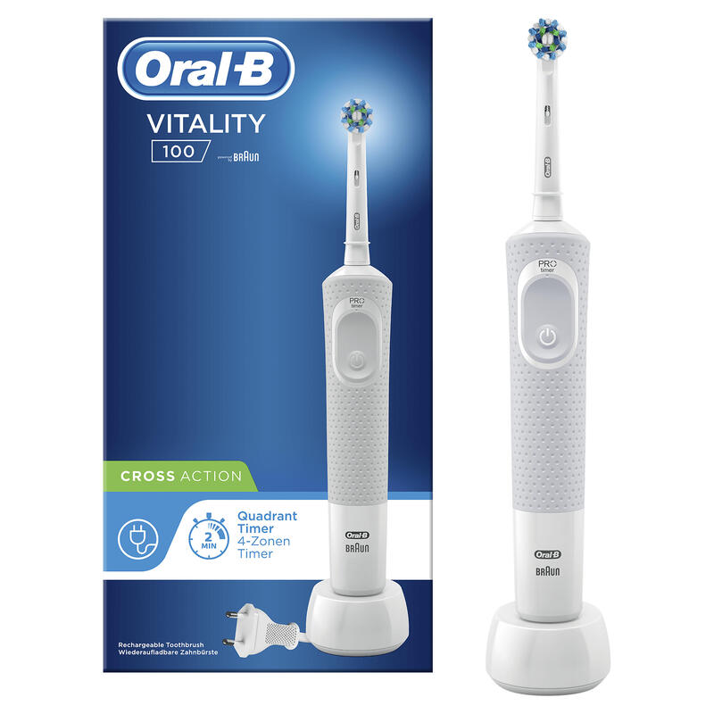 Cepillo Dental Braun Oral-B Vitality D100 Crossaction White  Filamentos Inclinados A 16º Limpieza 2d Oscila Y Rota Temporizador En El Mango
