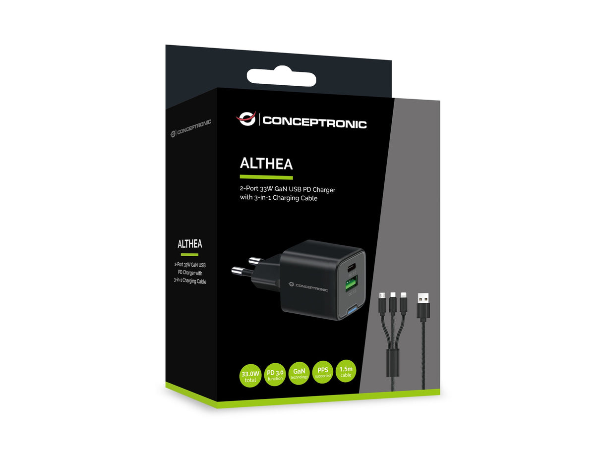 Conceptronic Cargador 2port 33w,1xusb-C,1xusb-A +3-In-1 Sw