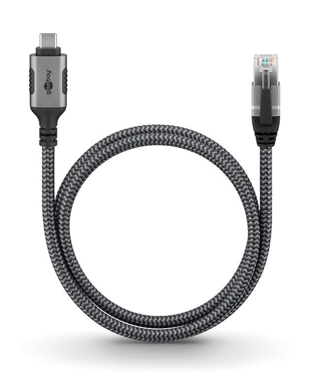 Cable Ethernet Goobay Usb-C 3.2 Gen2 Macho > Rj-45 Macho, Adaptador Lan Negro Plata, 7,5 Metros, Cubierta Textil Trenzada 70753