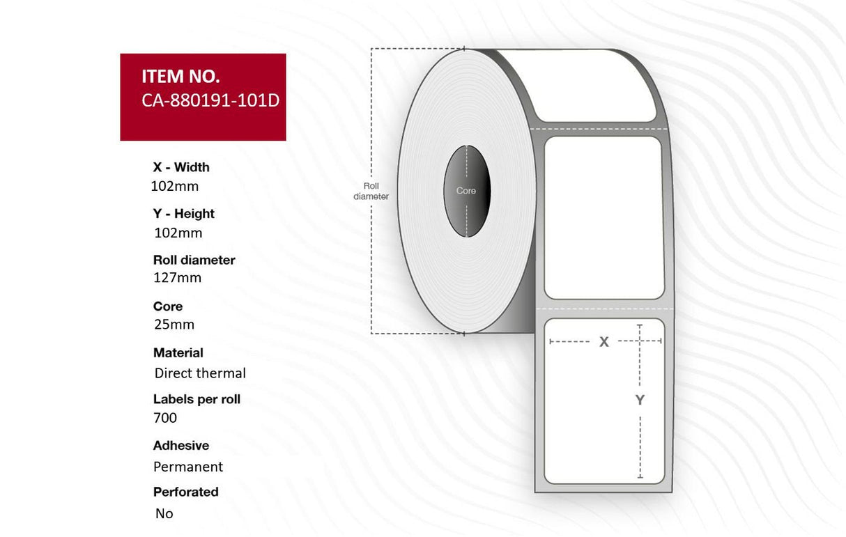 Label 102 X 102mm, Core 25mm, - Direct Thermal, Uncoated, - Permanent, No Perforation, 700 Labels Per Roll, 12 Rolls Per Box - Warranty: 12m