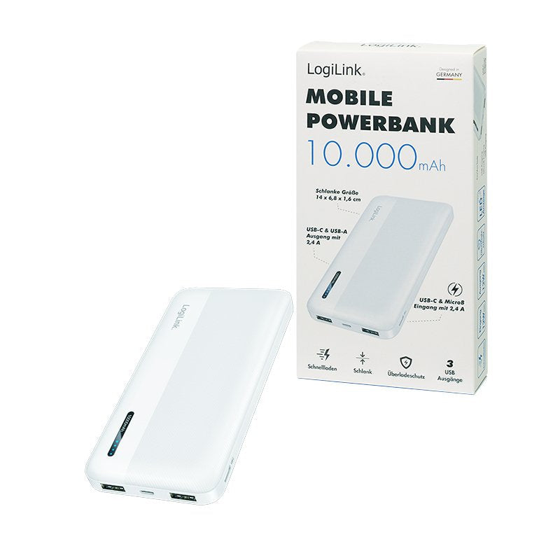Logilink Mobile Power Bank, Lipo, 10.000 Mah, Usb-C In Out, Blanco