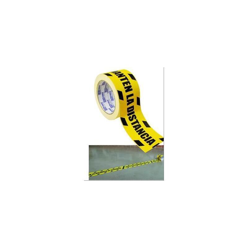Cinta De Señalización Adhesiva 72mm X 25metros Amarillo/Negro "Mantenga La Distancia"