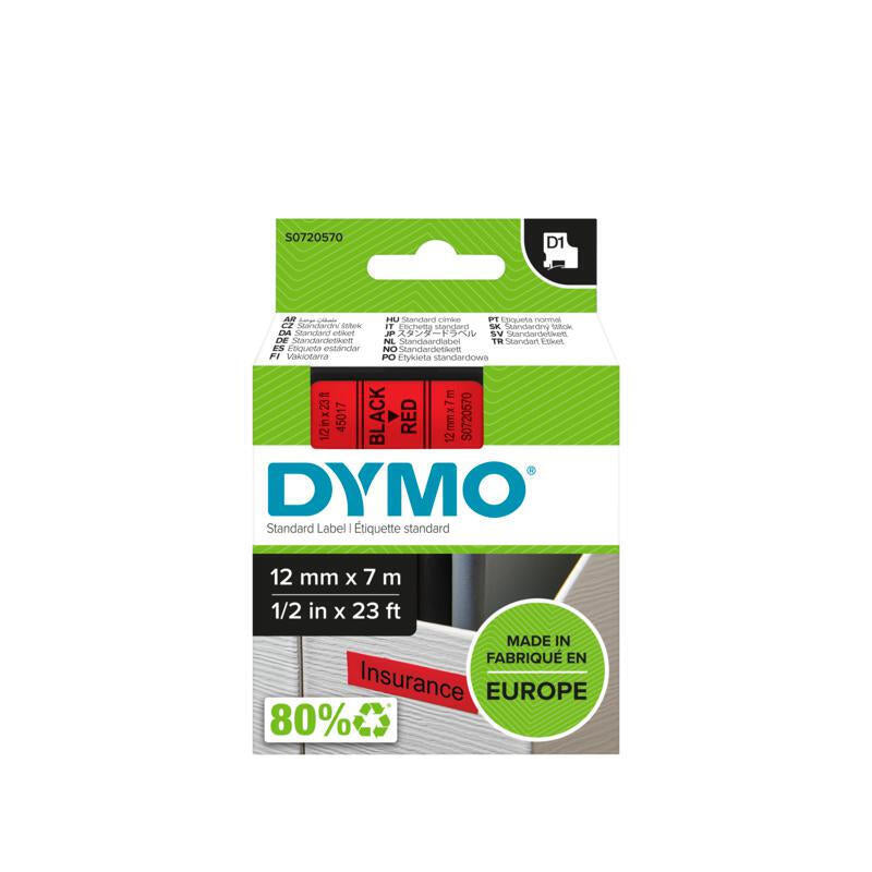 Cinta Rotuladora Autoadhesiva Dymo D1 12mm X 7 Metros De Longitud Para Rotuladoras Label Manager, Negro Sobre Rojo