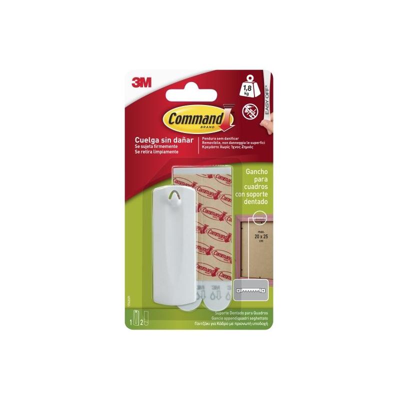 Command Gancho Para Cuadros - 2 Tiras Adhesivas - Soporta Hasta 1.8kg - Especial Cuadros Con Soporte Dentado - Color