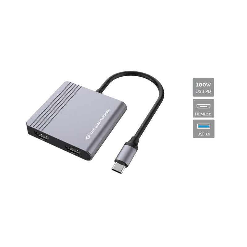 Conceptronic Adaptador Usb-C->2xhdmi,Usb-C Pd,1xusb3.0 0.25 Gr