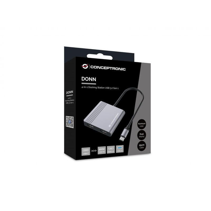 Conceptronic Adaptador Usb-C->2xhdmi,Usb-C Pd,1xusb3.0 0.25 Gr