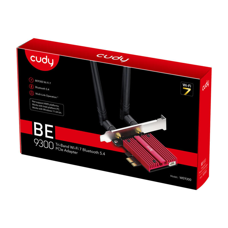 Cudy Adaptador De Red Pcie Tribanda Wifi 7 Be9300 - Bluetooth 5.4 - Disipador Termico - Negro/Rojo