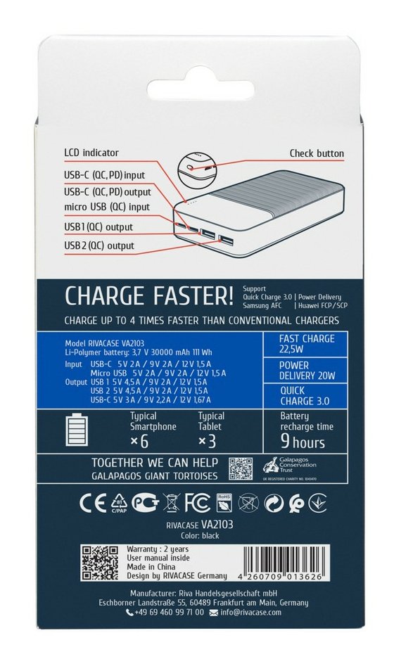 Rivacase Va2103 30000 Mah 22,5w Qc Pd