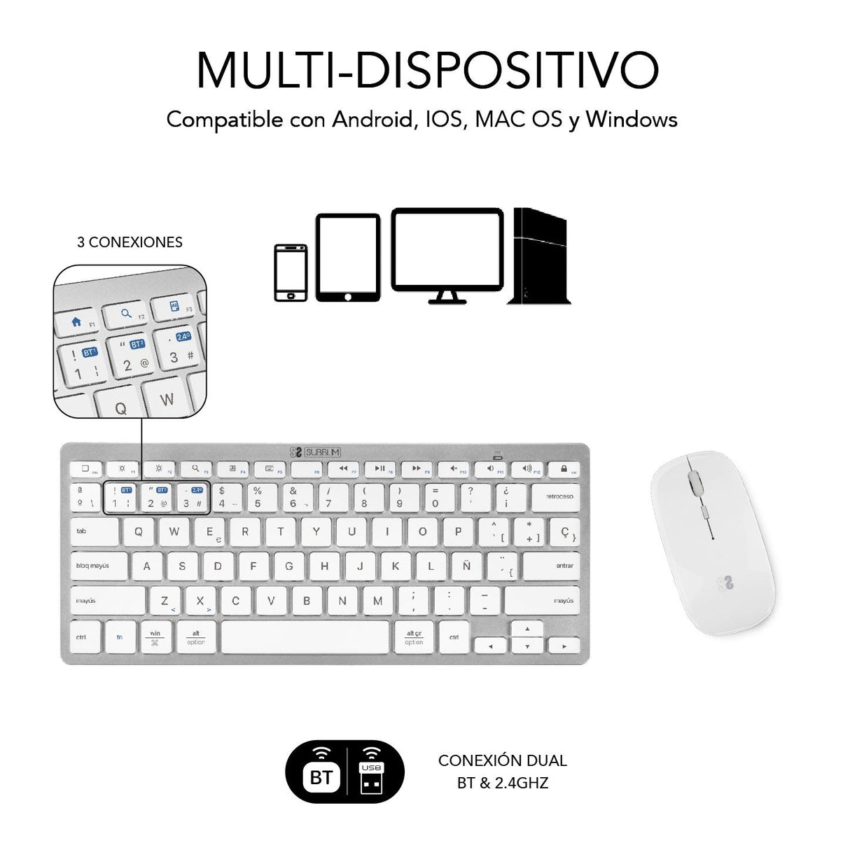 Teclado Y Ratón Inalámbrico Subblim Oco010 Combo Multidispositivo Compacto Plata