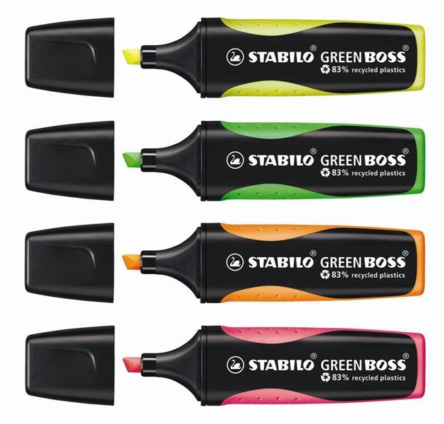 Stabilo Green Boss Set De Mesa De 4 Marcadores Fluorescentes 83% Plastico Reciclado + Bloc De Notas Adhesivas 100%
