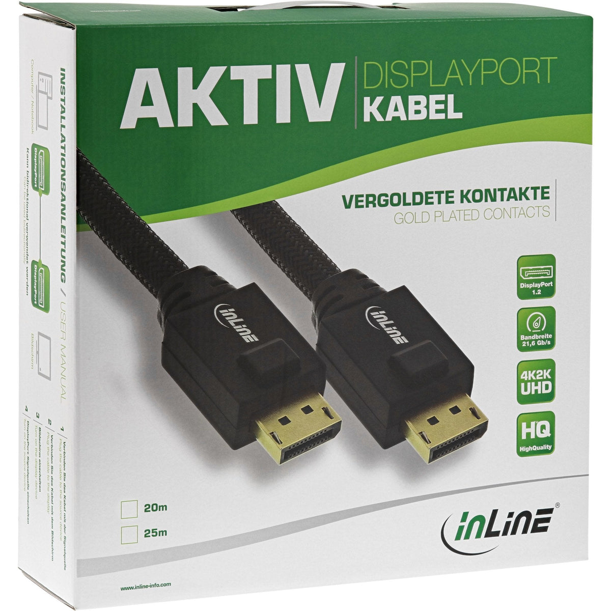 Cable Activo Inline Displayport, Negro, Contactos Dorados, 20 M