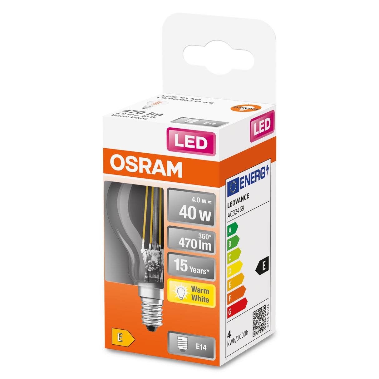Bombilla Led Osram Filamento Esférico Transparente - 4 W = 40 W - E14 - Blanco Cálido