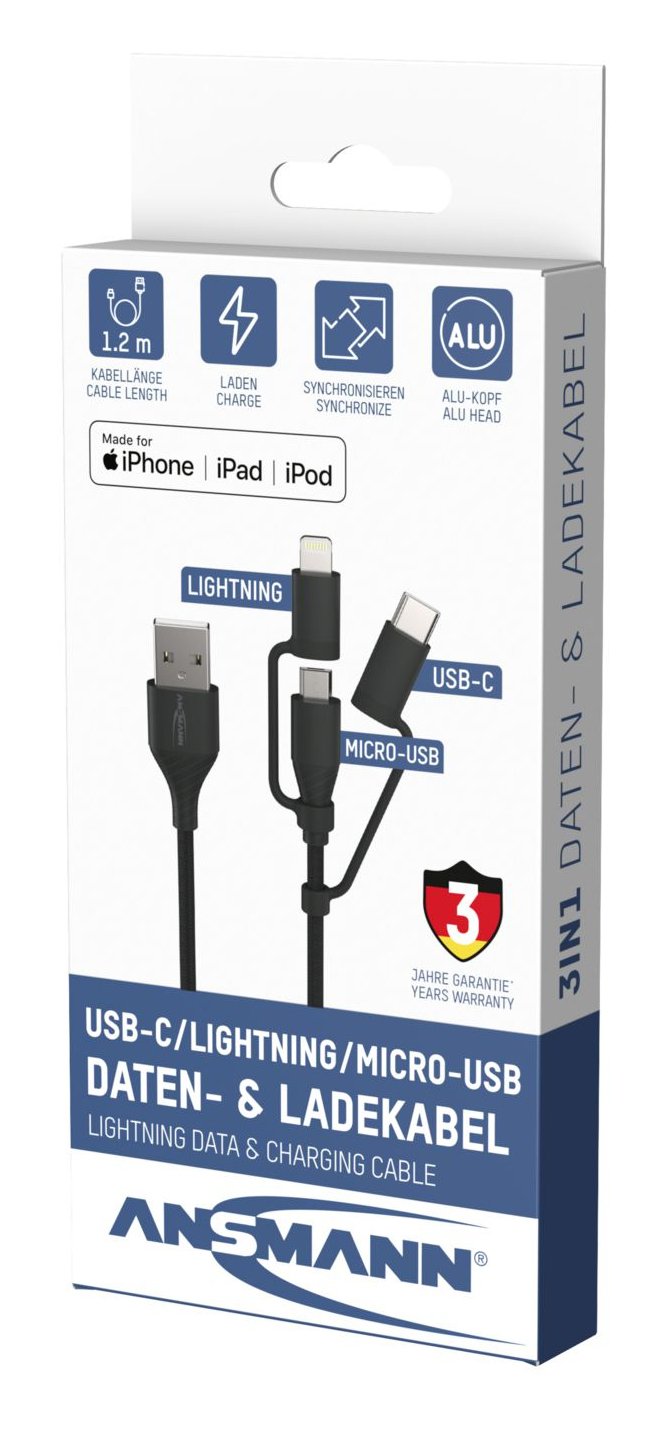 Ansmann Daten- Ladecable Usb 3in1 120cm
