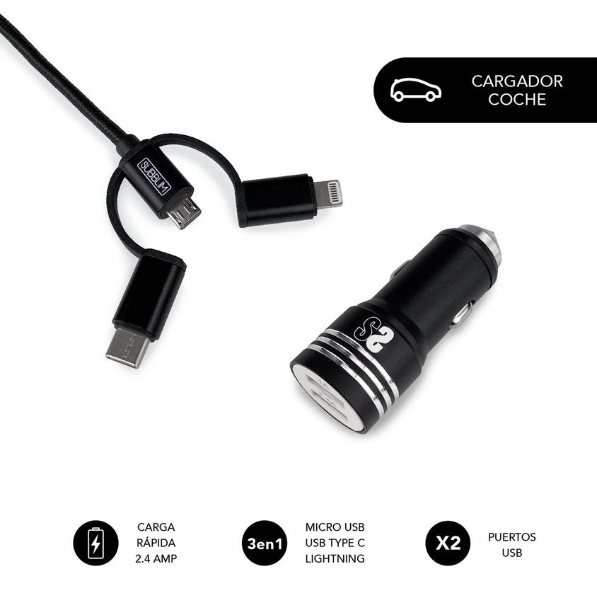Cargador De Coche Subblim  Sub-Chg-4cc002/ 2 Usb + Cable Usb 3 En 1/ 2.4a/ Negro