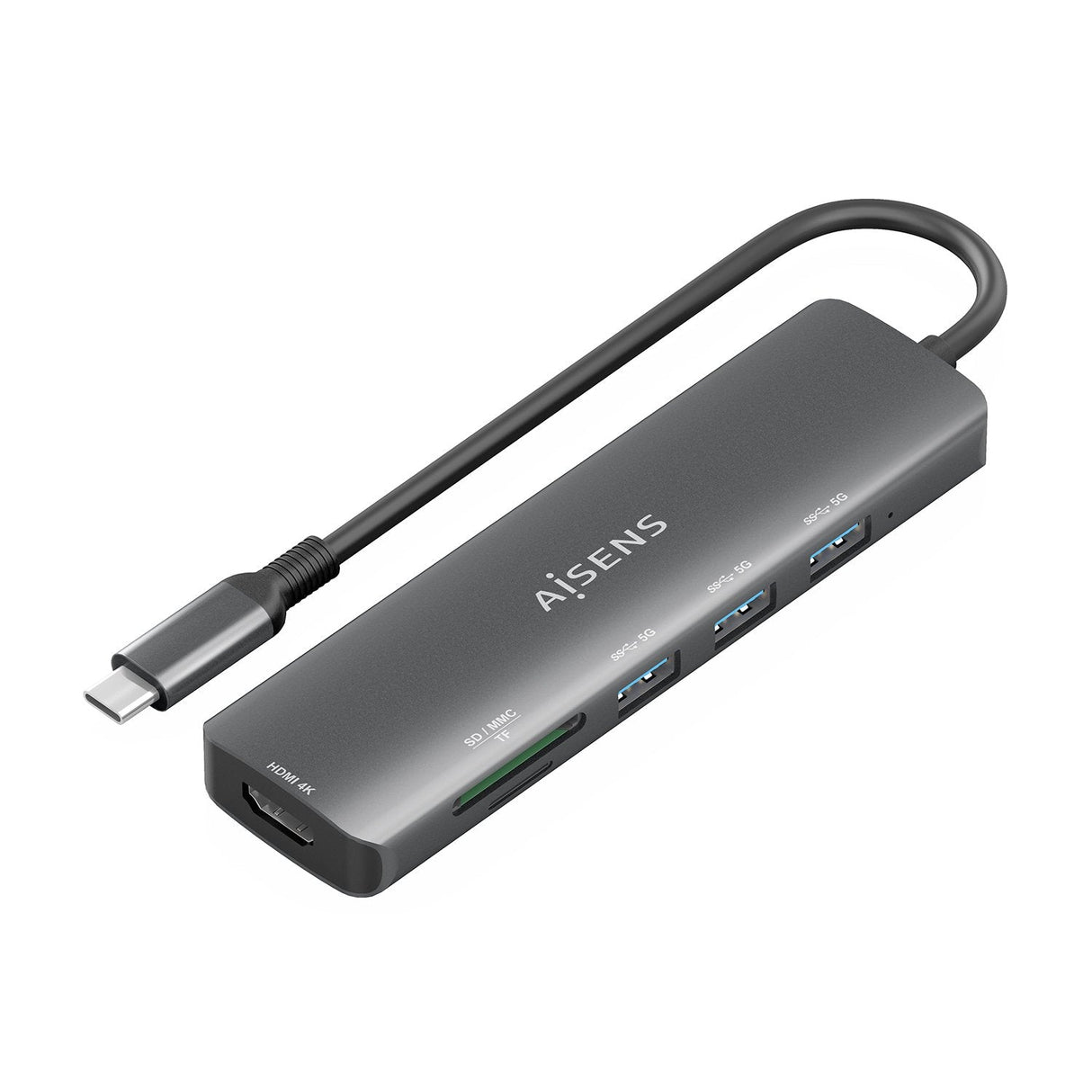 Aisens Usb-C Dock 6 En 1, Usb-C A 1xhdmi, 3xusb-A, 1xsd, 1xmicro Sd, Gris, 15cm