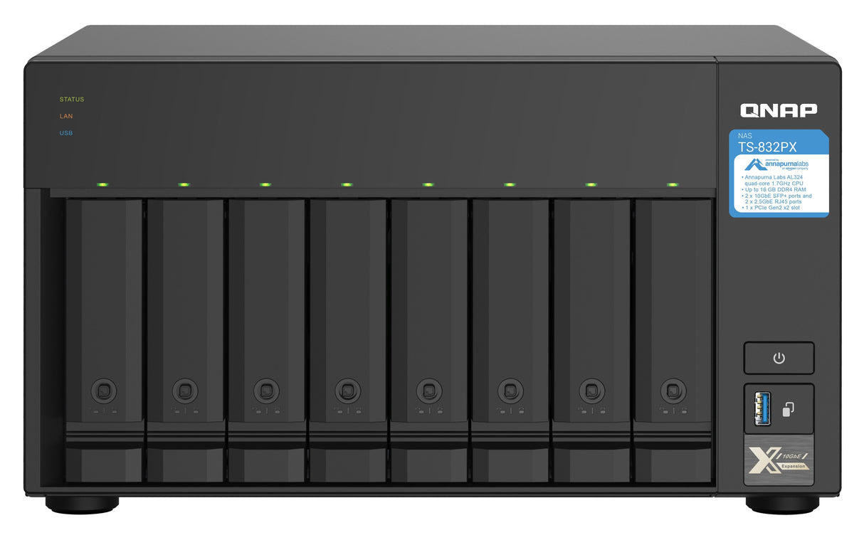 Qnap Ts-832px-4g 8-Bay Nas Server Al324 1.7ghz Quad Core 4gb Ddr4 Sodimm Max. 16gb 2x10gbe Sfp+ Lan + 2x2.5gbe