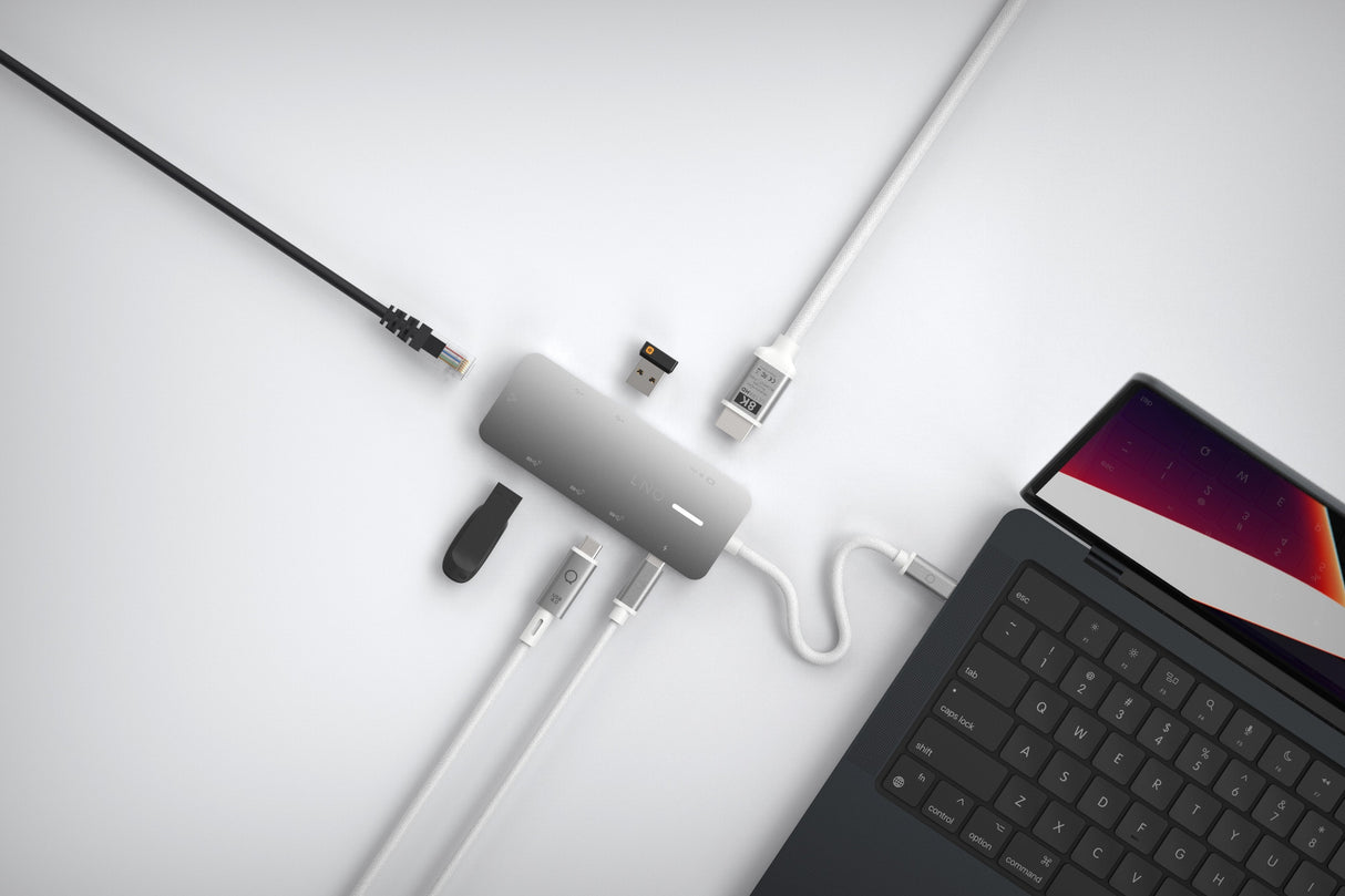 Hub 8 Puertos 8k Pro Usb-C 140w Gris Linq Usb-C/ 1xusb3.2, 1xhdmi, 1xusb-C Pd Hasta 140w, 2xusb-C, 1xrj45 2,5gbps, 2xusb-A