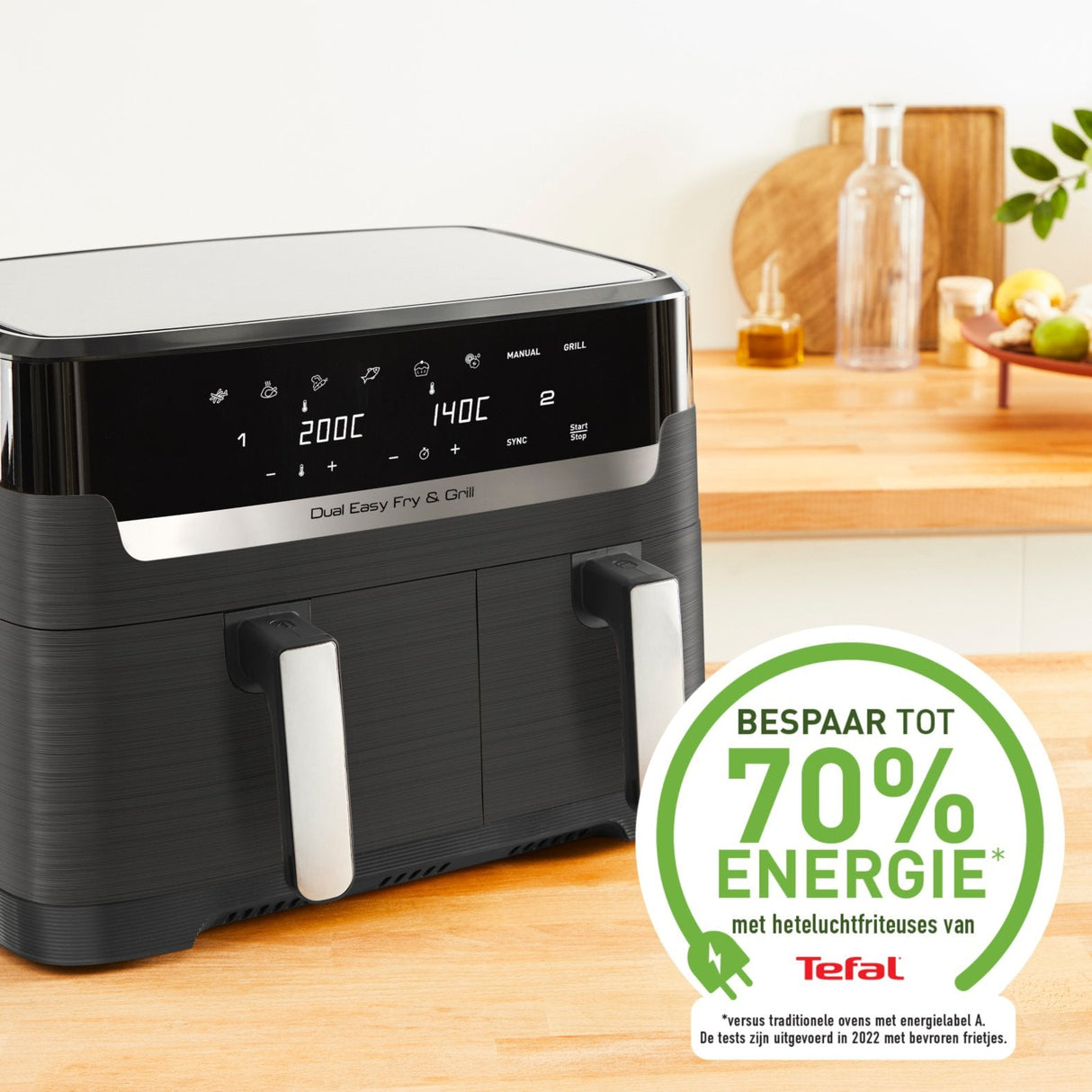 Freidora De Aire Caliente Doble Tefal Dual Easy Fry & Grill Negra, 2.700 Vatios, 2 Cestos 5,2 Litros + 3,1 Litros Ey905b