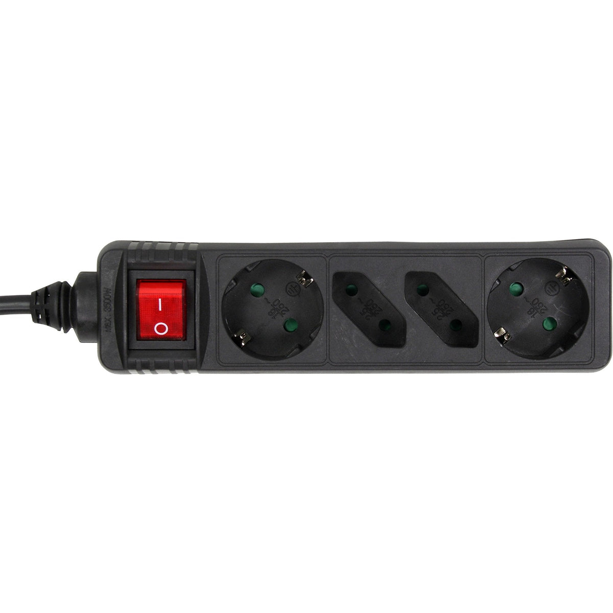 Inline Regleta 4 Tomas 2x Tipo F + 2x Euro Con Interruptor Negro 3m