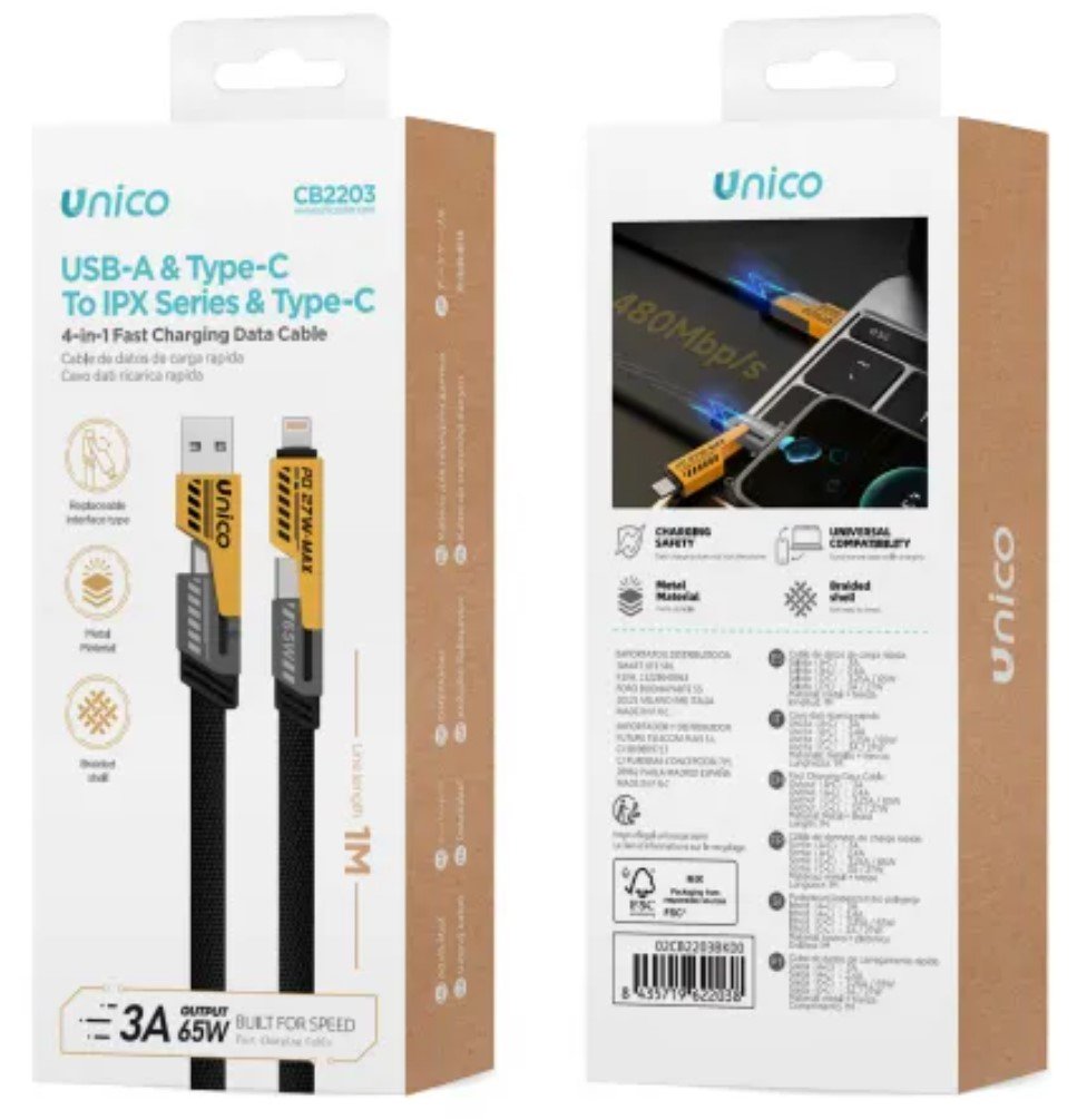 Cable Uni 4en1 Doble Tipo C/Lightning Y Micro