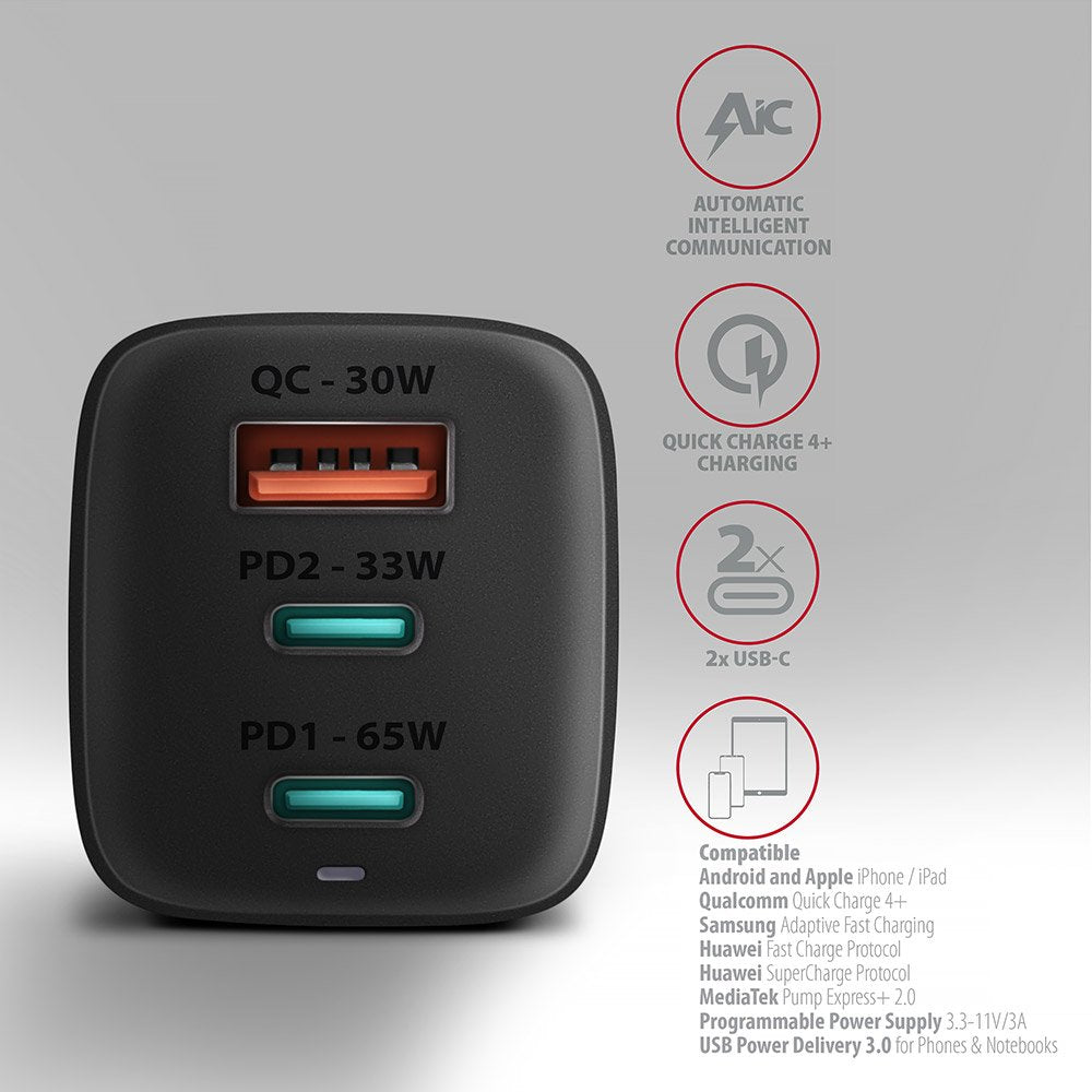 Cargador Acu-Dpq65, 2x Usb-C, 1x Usb-A, Pd3.0/Qc4+/Pps, 65w - Negro