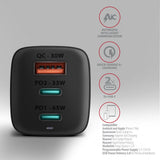 Cargador Acu-Dpq65, 2x Usb-C, 1x Usb-A, Pd3.0/Qc4+/Pps, 65w - Negro