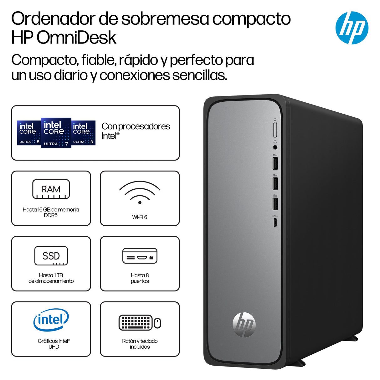 EAN 0821844684061 - HP OmniDesk Slim Desktop S03-0031ns PC Intel® Core™ i3 i3-14100 8 GB DDR5-SDRAM 512 GB SSD Windows 11 Hom imagen 1