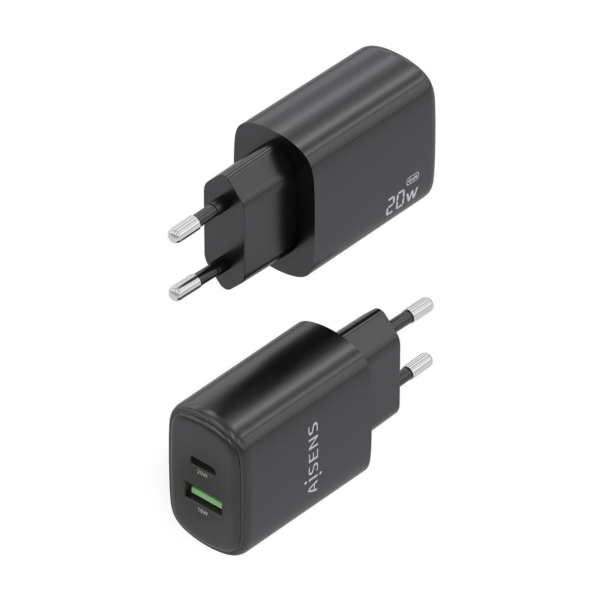 Aisens Cargador Gan 20w, 1xusb-C Pd3.0, 1xusb-A Qc3.0, Negro