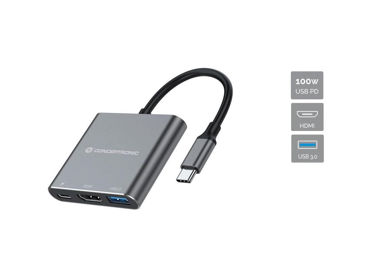 Adaptador Usb-C 3en1 Conceptronic Donn018 Hdmi   Usb -A 3.0 Usb-C  Pd 100w                                                                                                                                                                     A
