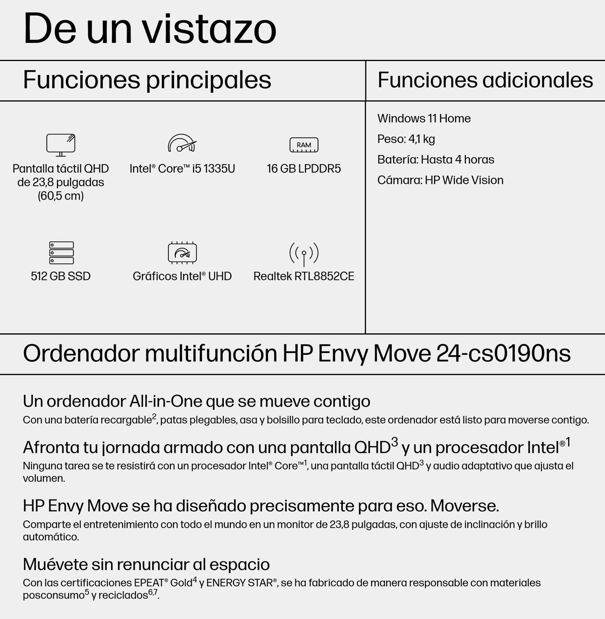 All In One Hp Envy Move 24-Cs0190ns, Intel Core I5-1335u, 16gb, 512gb Ssd, 23,8", W11 - Blanco