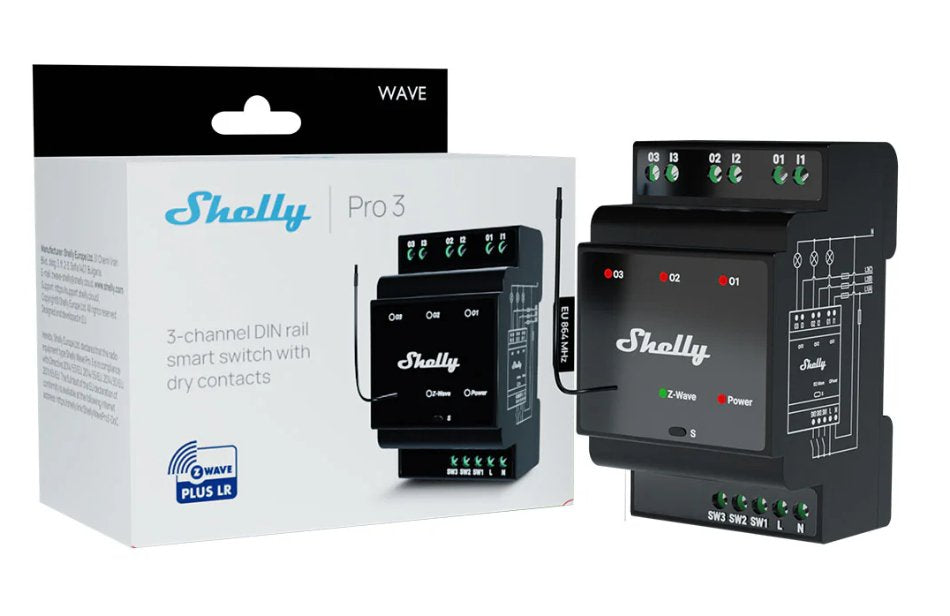 Shelly · Hutschiene · \"Wave Pro 3\" · Relais · Max. 48 A · 3 Phasen · 3x 16a · Z-Wave