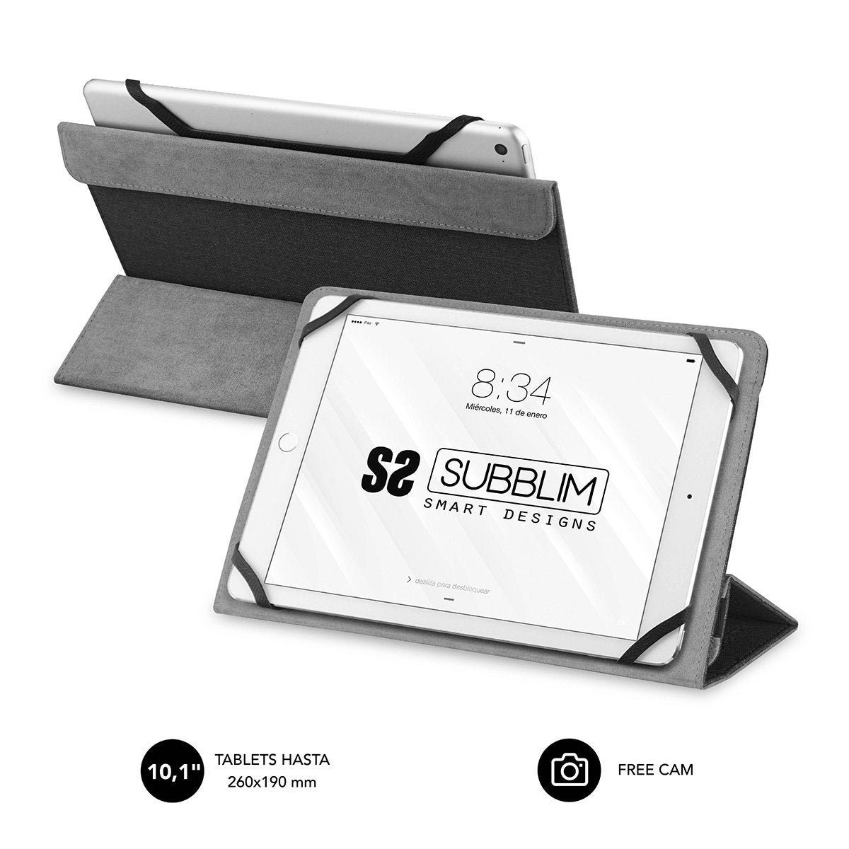 Funda Universal Subblim Freecam Para Tablet Hasta 10.1'/25.6cm Black Interior Aterciopelado Trasera Plegable Para Usar Cámara