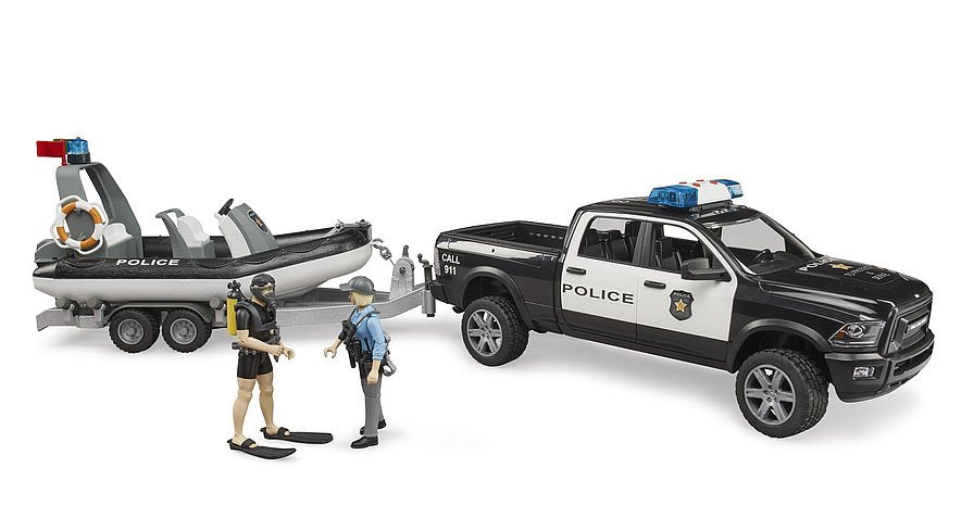 Camioneta De Policía Bruder Ram 2500, Módulo L+S, Remolque Con Bote (Negro/Blanco, Incl. 2 Figuras)