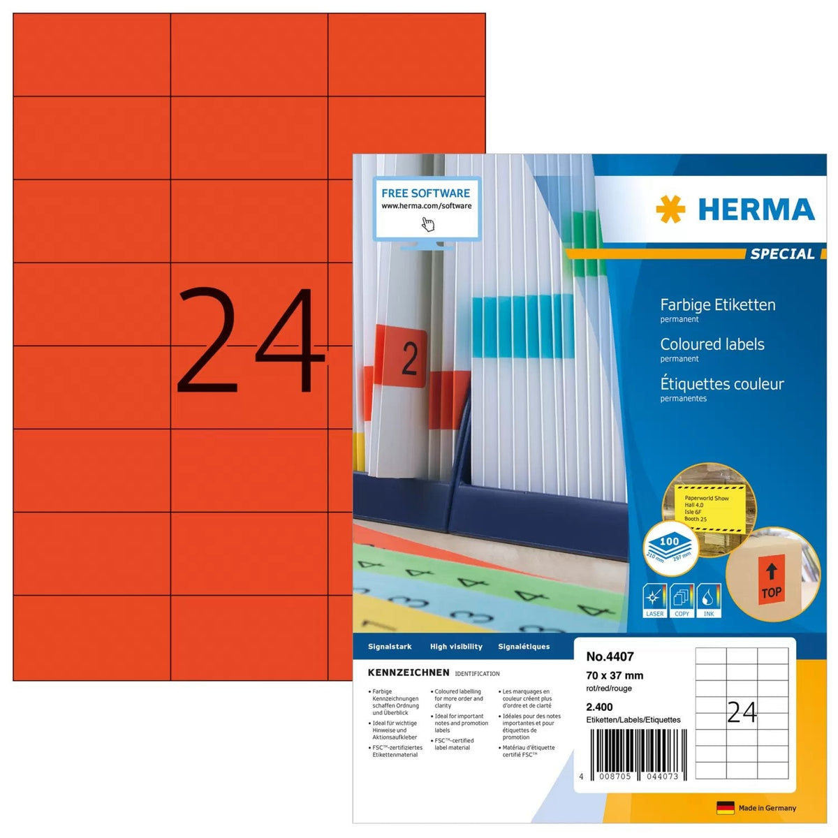 Etiquetas Herma A4 Rojo 70x37 Mm Papel Mate 2400 Uds.