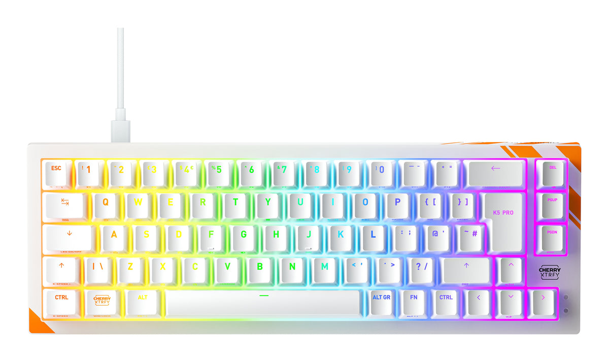 Cherry K5 Pro Tmr Compact, Con Cable, Usb, Mechanischer Switch, Qwerty, Rgb-Led, Naranja, Blanco