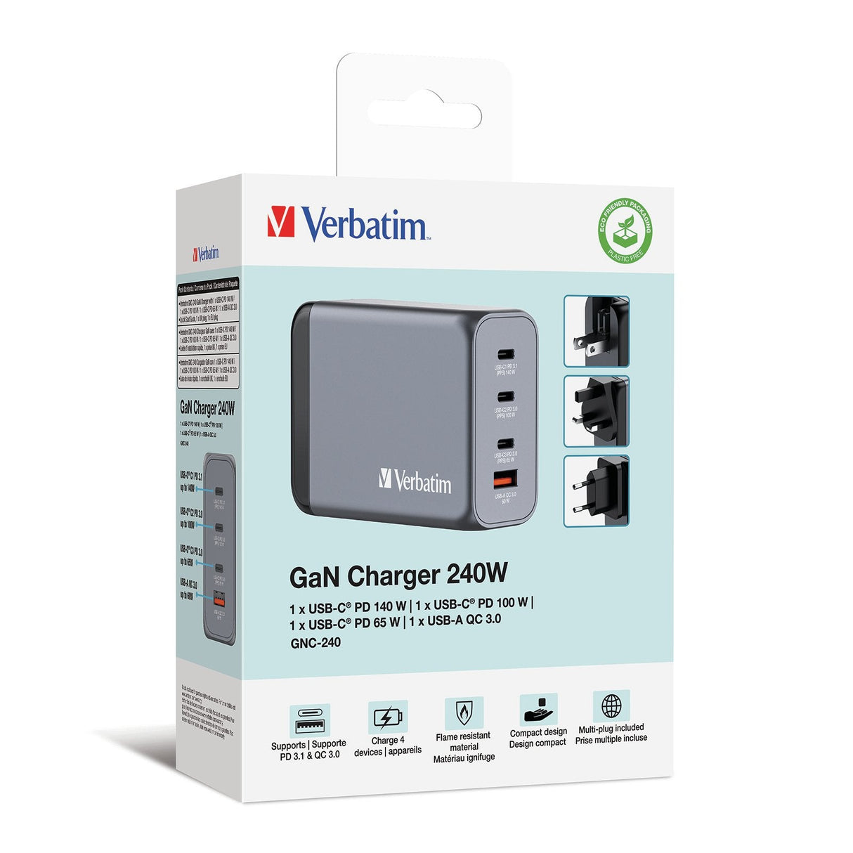 Cargador Gan De Pared Universal Verbatim Gnc-240 3xusb Tipo-C 1xusb 240w