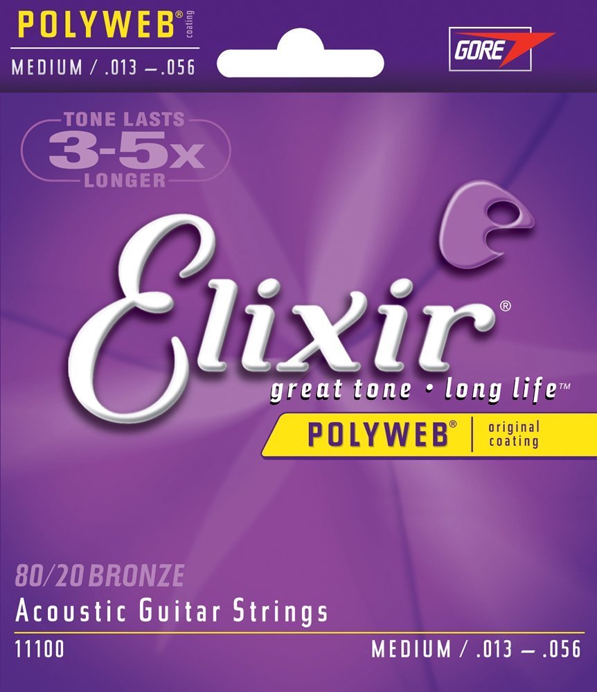 Elixir Cuerdas De Guitarra Acústica Strings De Bronce En Proporción 80/20 Con Recubrimiento Polyweb, Calibre Mediano, 1 Pack, Medium (13-56)