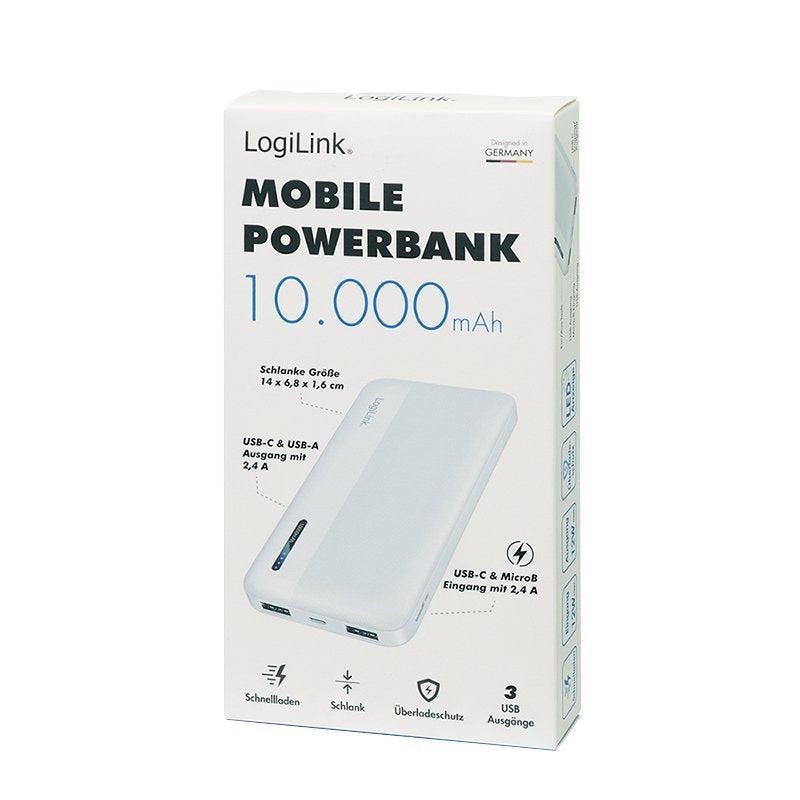 Logilink Mobile Power Bank, Lipo, 10.000 Mah, Usb-C In Out, Blanco