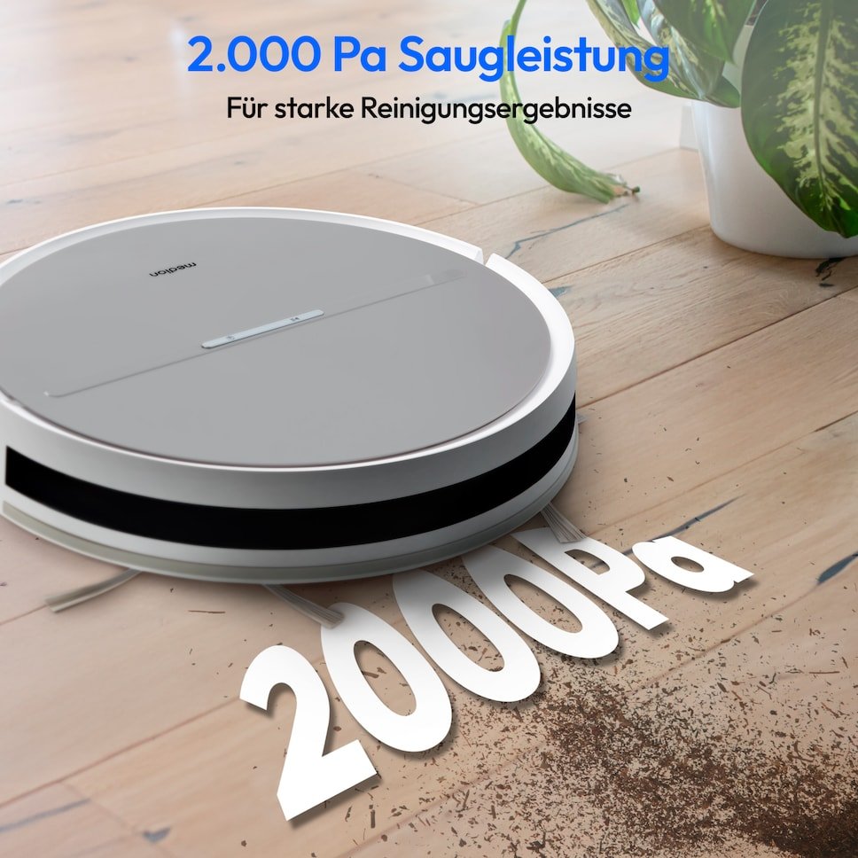 Medion Robot Aspirador Con Función Mopa Y Navegación Sistemática E35 Sw (Potencia De Aspiración 2000pa, Navegación Giroscópica En Líneas S Sistemáticas, 2 Cepillos Laterales Y Sensor De Pared)  50076258