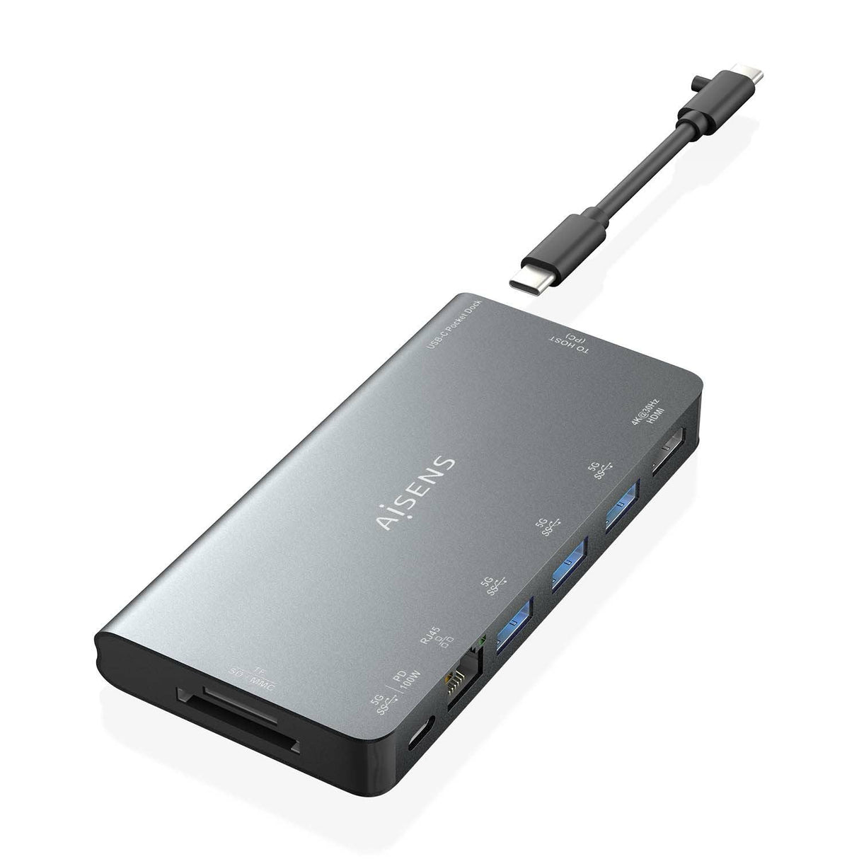 Aisens Usb-C Dock 8 En 1 - Usb-C A 1xhdmi - 1xrj45 - 3xusb-A - 1xusb-C Datos+Pd - 1xsd - 1xmicro Sd - 10cm - Gris