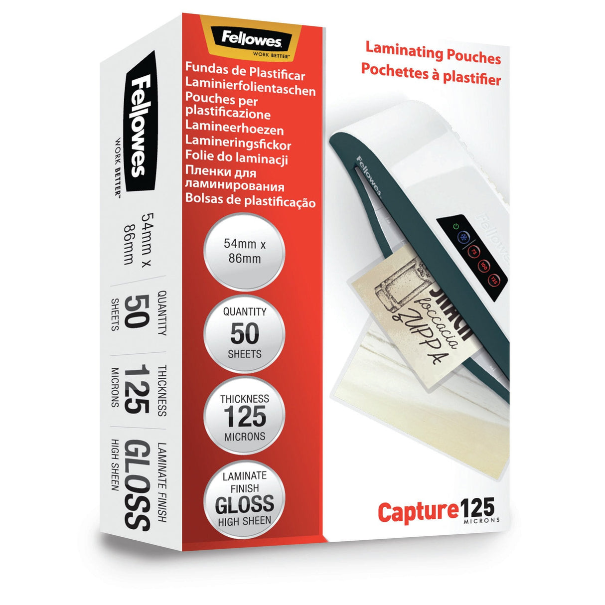 Fellowes Glossy 125 Micron 50pcs Card Laminating Pouch - 54x86 Mm