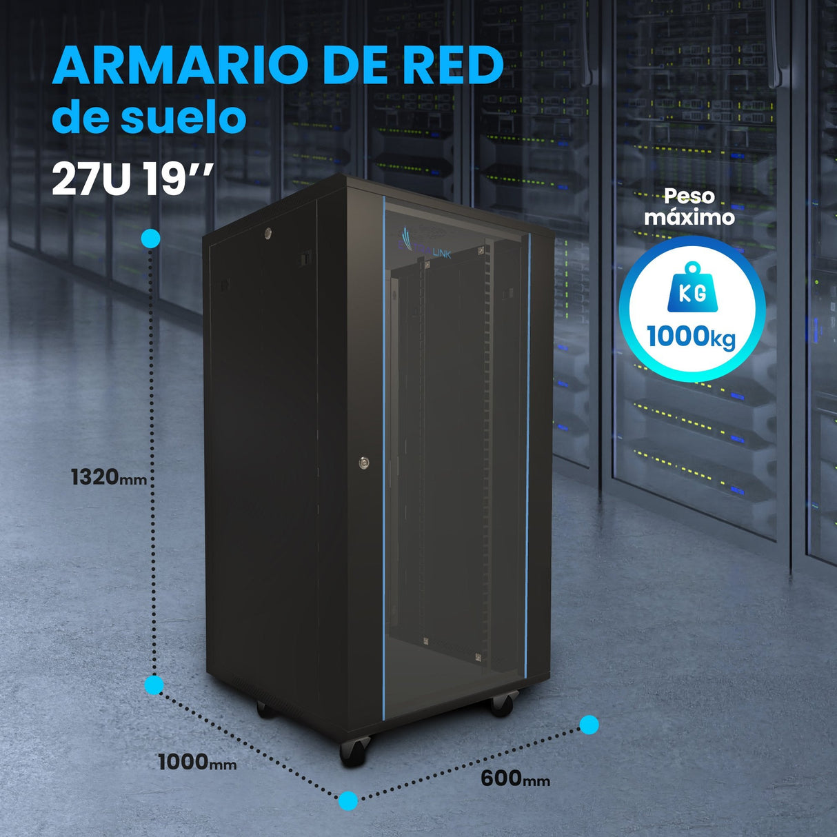 Extralink - Armario De Pie De 19 "27u 600x1000 Paquete Plano Negro