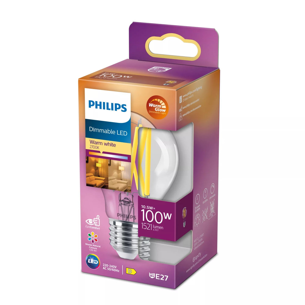 Philips Led Classic - Bombilla Con Led-Filament - Form: A60 - Transparente Finish - E27 - 10.5 W (Equivalente 100 W)
