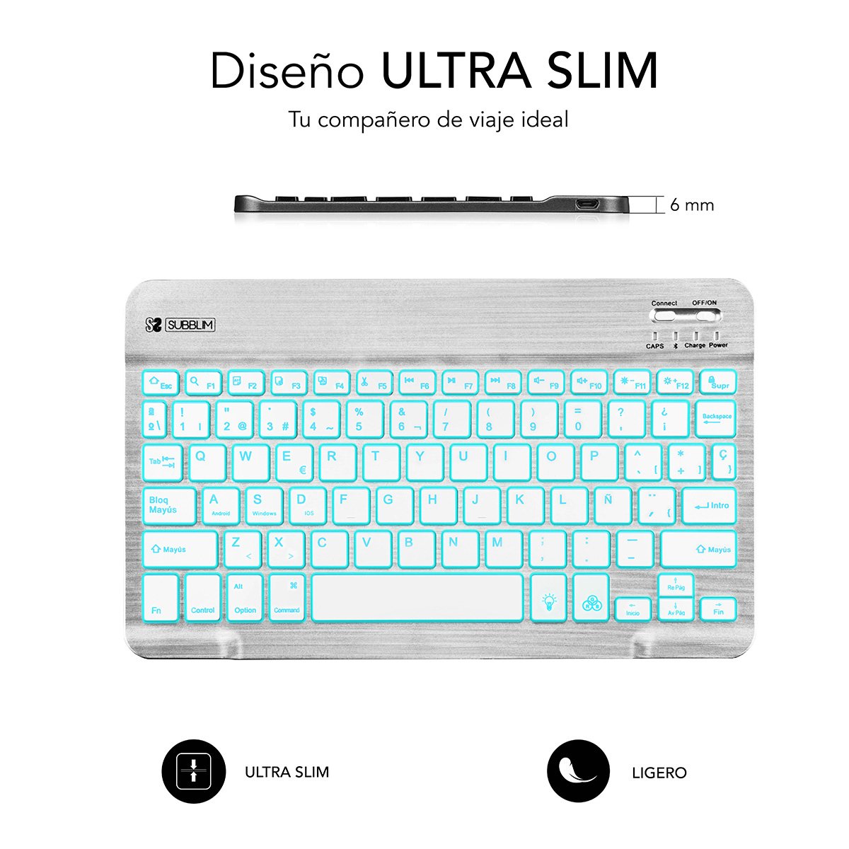 Teclado Bluetooth Subblim Sub-Kbt-Smbl30 Silver Bt3.0 Teclas Iluminadas Batería 420mah Compatible Multidispositivo