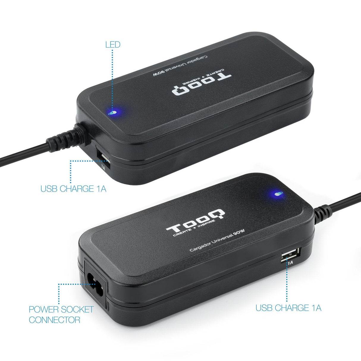 Tooq Cargador Universal Automatico Para Portatil 90w - 2x Usb - 12 Adaptadores - Voltaje 12-20v