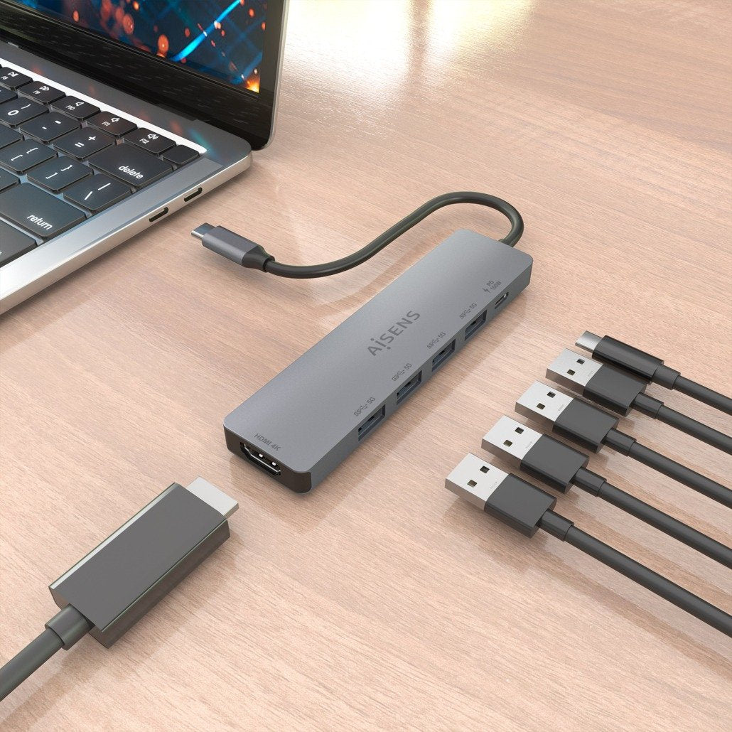 Aisens Usb-C Dock 6 En 1, Usb-C A 1xhdmi, 4xusb-A, 1xusb-C Pd 100w, Gris, 15cm