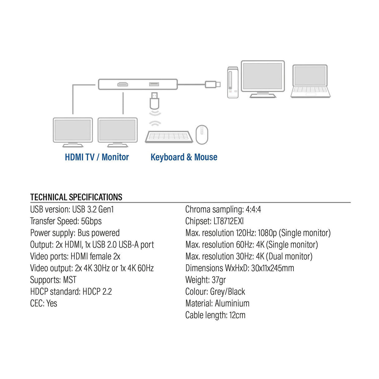 Adaptador Act Connectivity Usb C A 2 Hdmi 4k Usb A