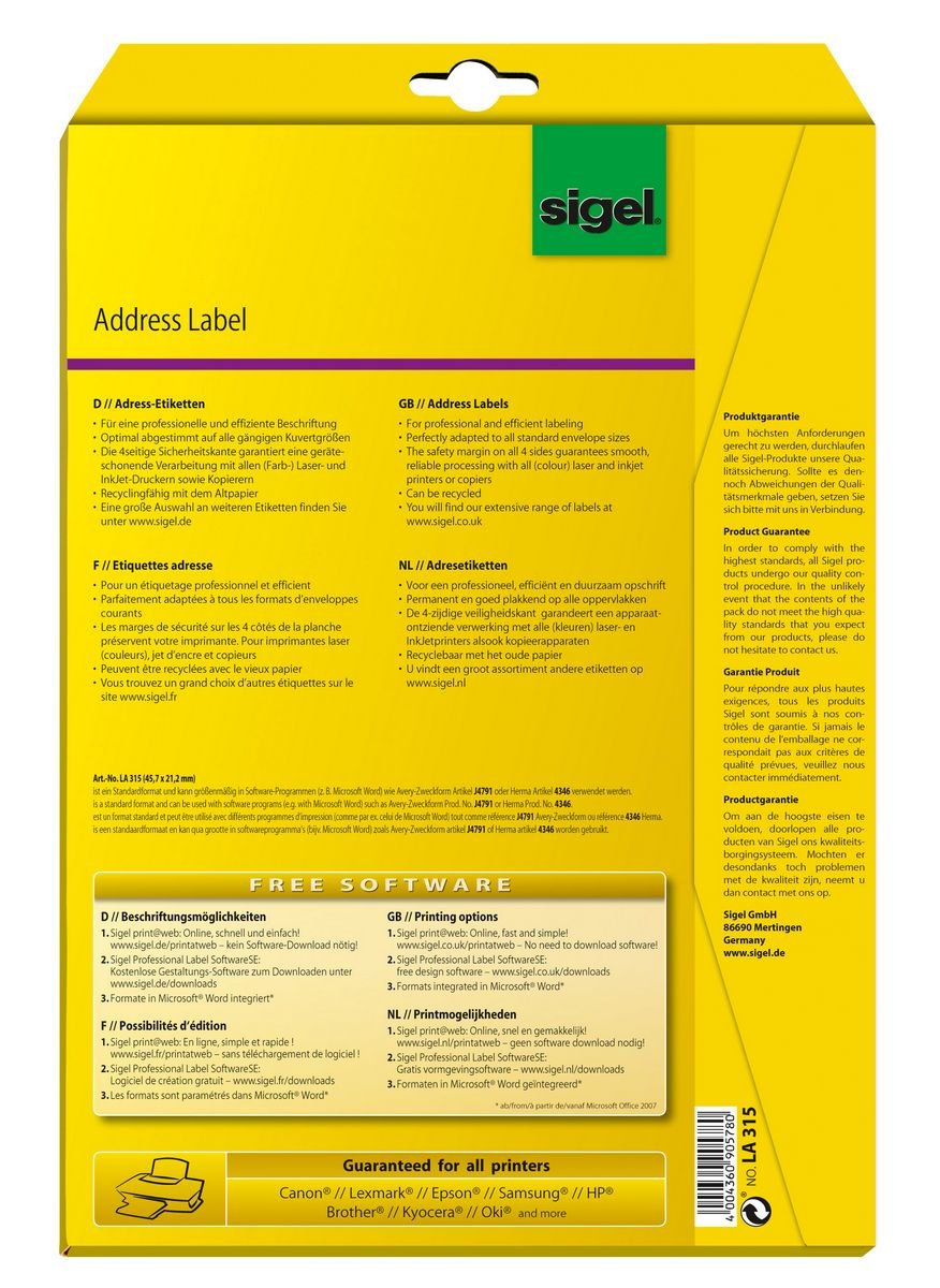 Sigel Etiquetas De Dirección La315 Blanco 45,7 X 21,2 Mm