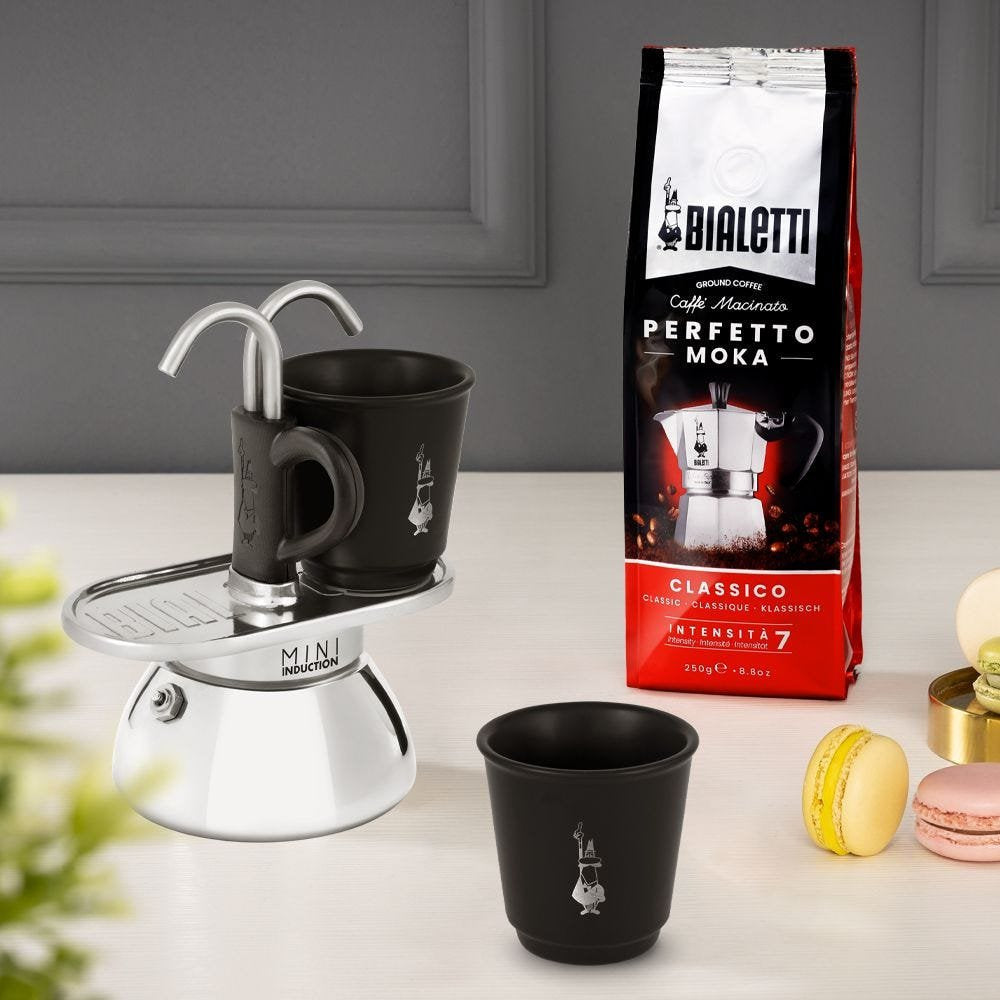Bialetti 7310 Espressokocher Set Mini Induktion 2 Tassen + 2 Gläser Negro